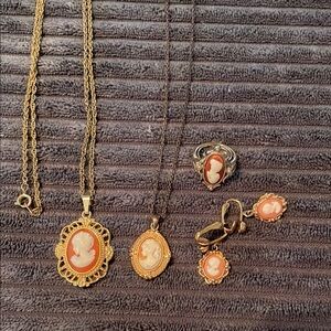 Elegant Gold tone and Cream Cameo Jewelry Set, necklaces are unmarked